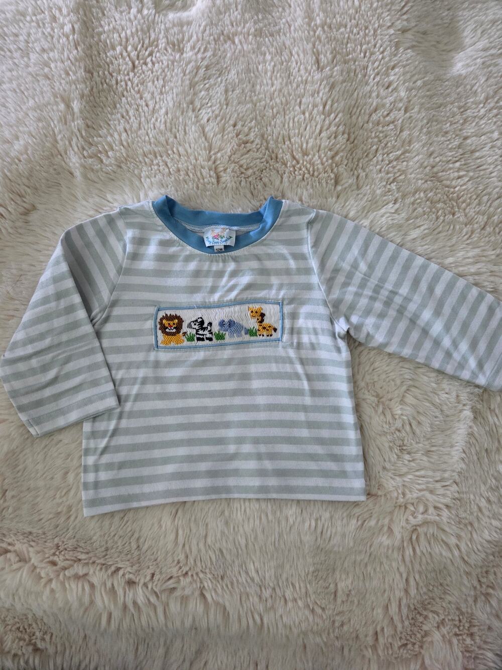 Busy Bees Smocks Boys striped Smocked Zoo Animal Theme Boys Tee size 12m